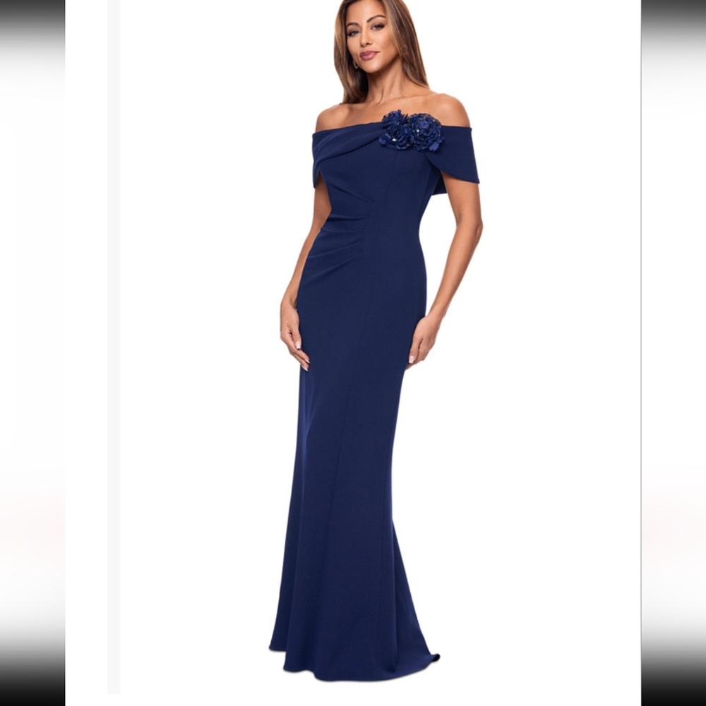 Classy Navy Blue Off-the-Shoulder Mother Of The Bride Gown